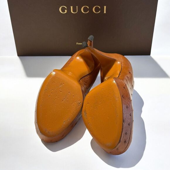 GUCCI Ostrich Leather Heels Brown Pumps Size 38 US 8 w/Dust Bags, Box, Heel Taps - Picture 10 of 16